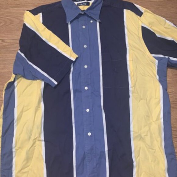 VTG Nautica Button Down Shirt Mens XL Blue Yellow Short Sleeve Striped - Picture 2 of 11
